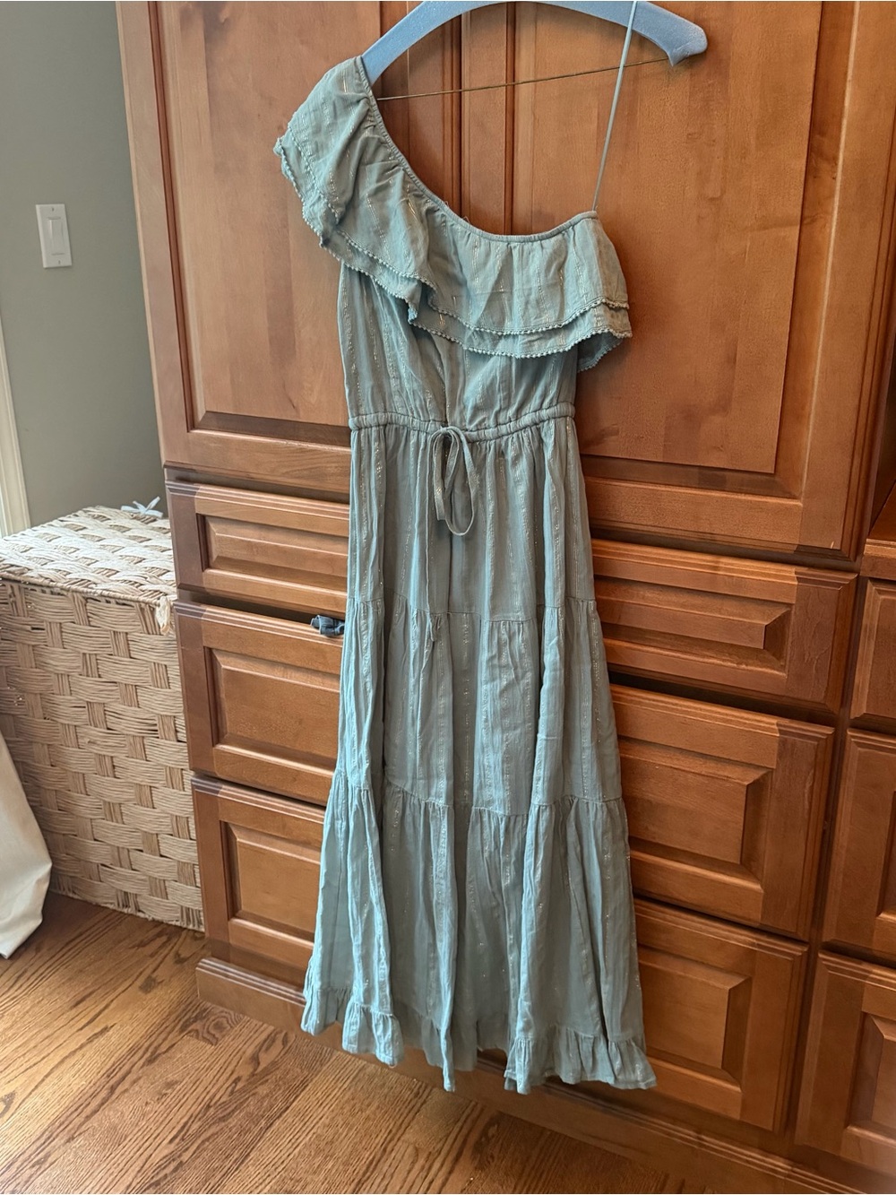 Heartloom One-Shoulder Ruffle Maxi Dress in Sage